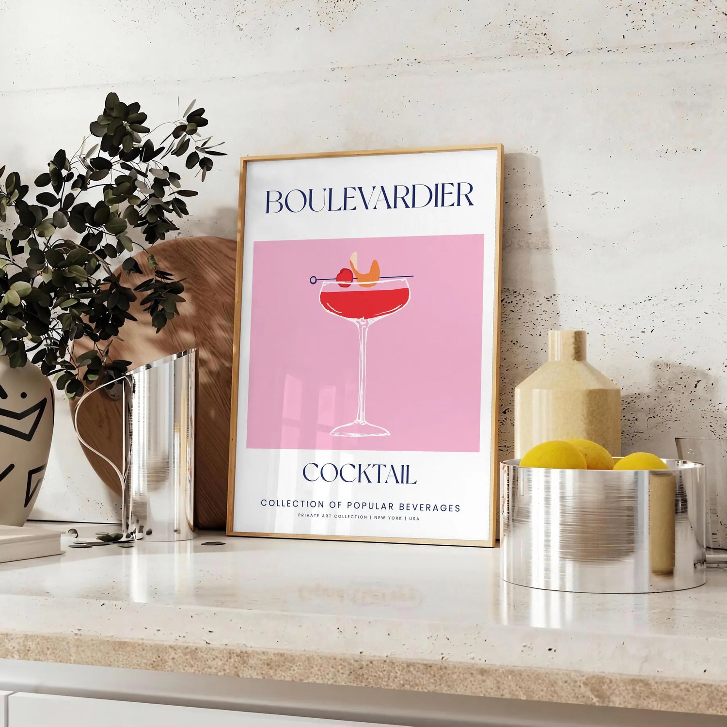 space vibrant boulevardier cocktail poster stunning orange blue hues unique wall art thoughtful gift enthusiasts print sizes A4 cm A0
