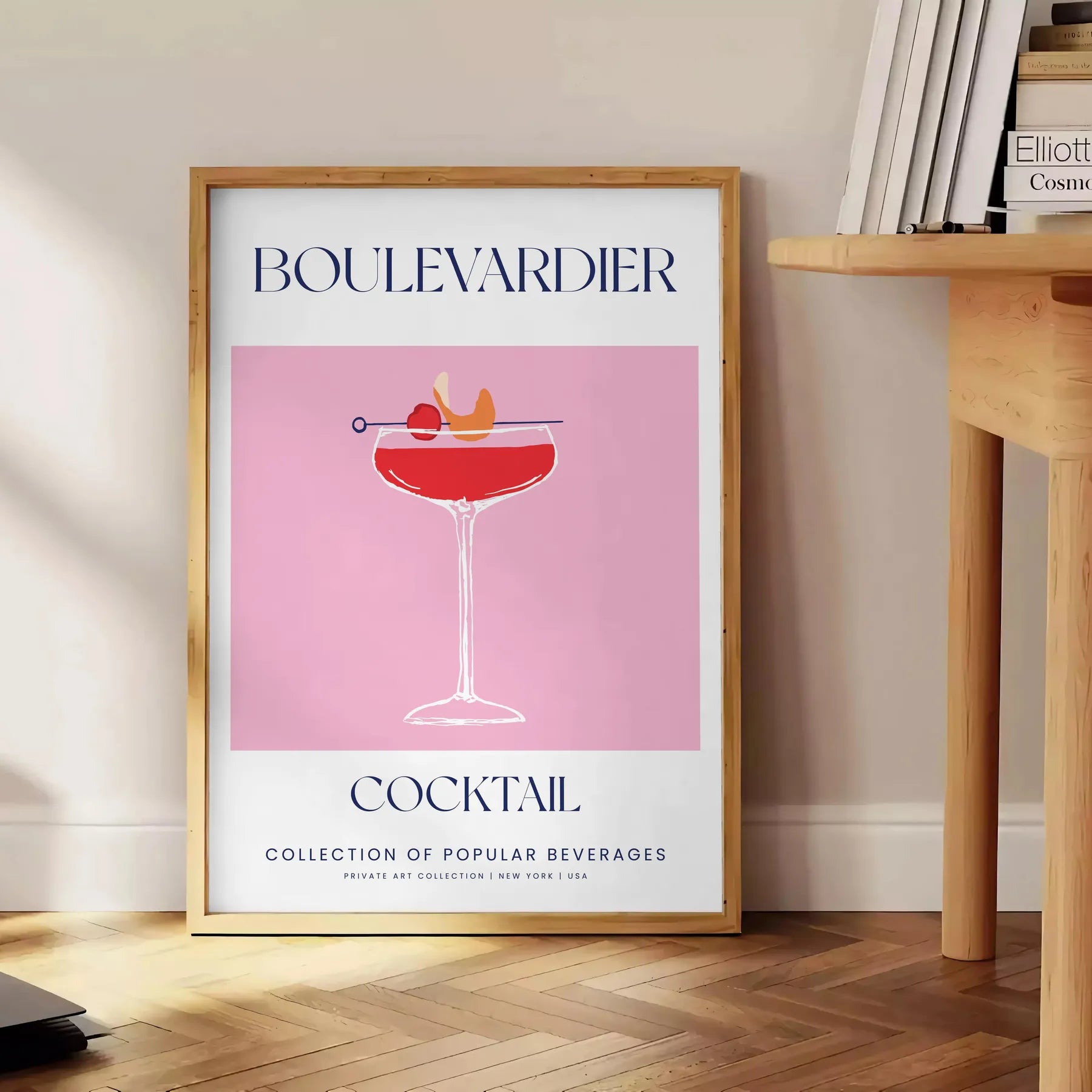 space vibrant boulevardier cocktail poster stunning orange blue hues unique wall art thoughtful gift enthusiasts print sizes A4 cm A0