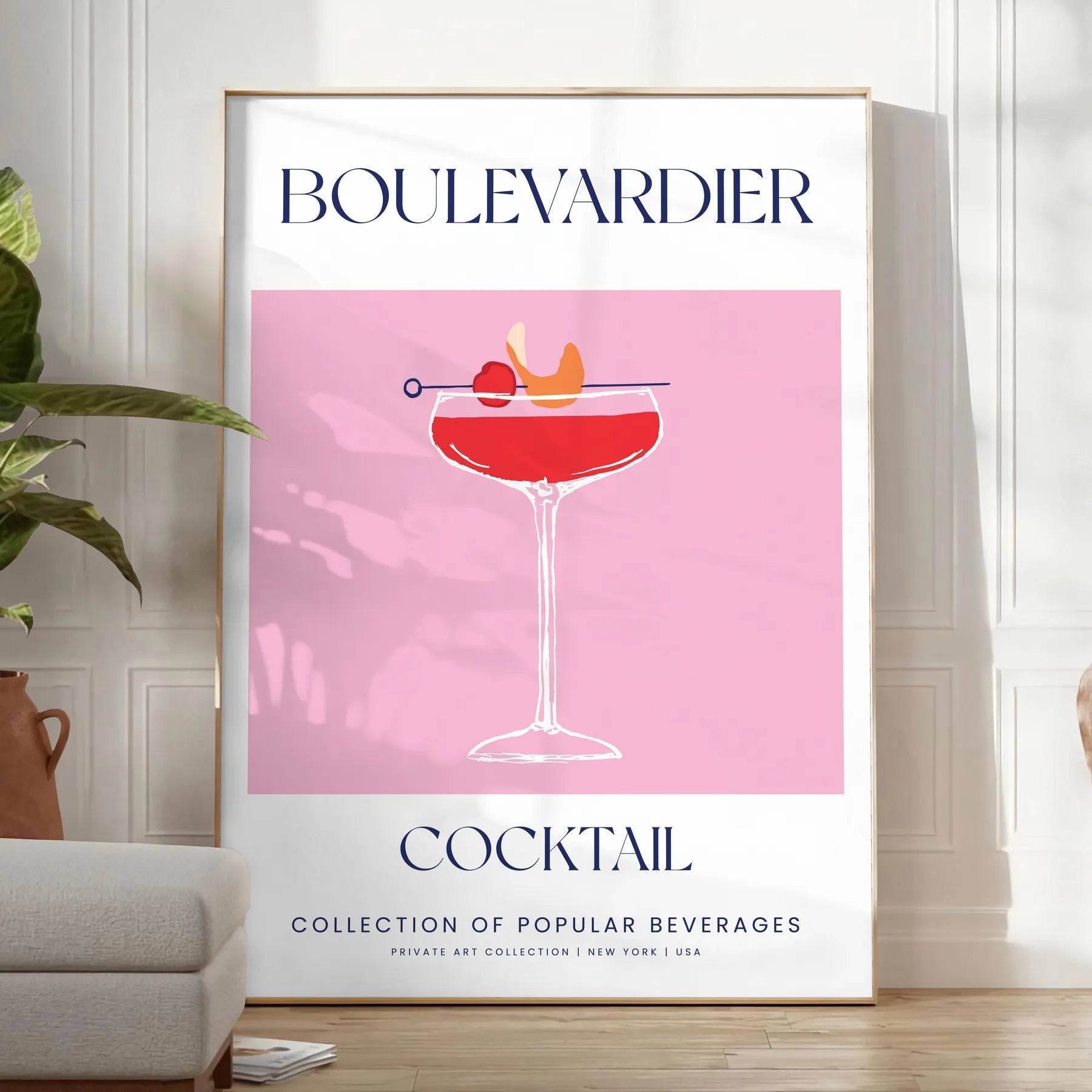 space vibrant boulevardier cocktail poster stunning orange blue hues unique wall art thoughtful gift enthusiasts print sizes A4 cm A0