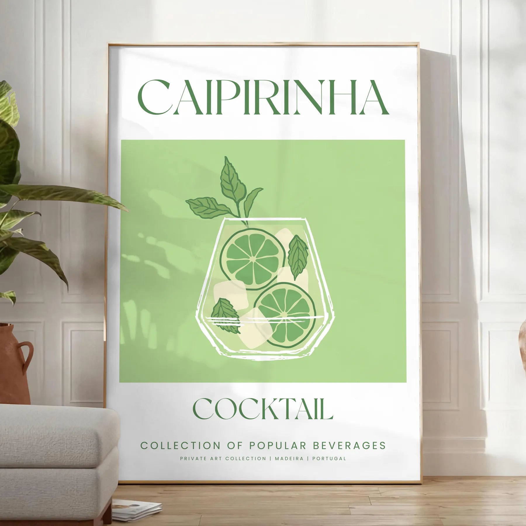 space caipirinha cocktail poster vibrant green white hues wall art unique gift statement piece perfect room print dimensions A4 cm A0