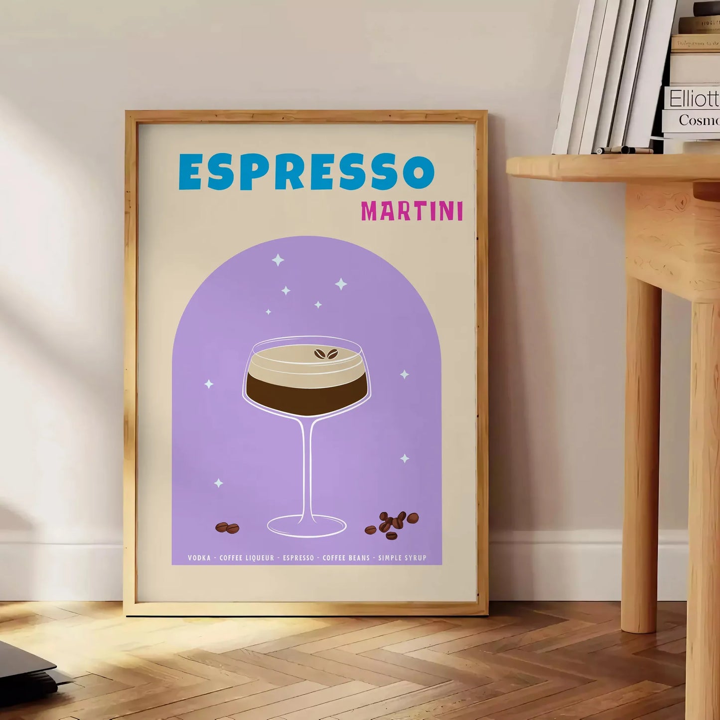 space expressive Espresso Martini poster vibrant blue purple hues stunning piece wall art print thoughtful gift cocktail lovers unique artwork sizes A4 cm A0