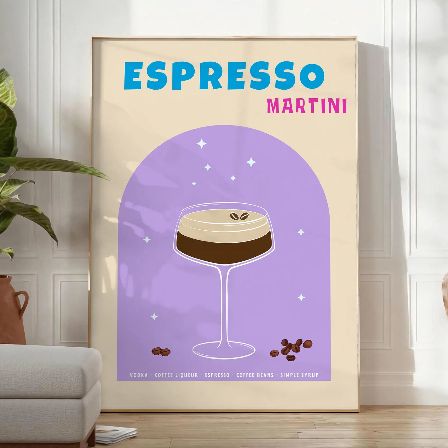 space expressive Espresso Martini poster vibrant blue purple hues stunning piece wall art print thoughtful gift cocktail lovers unique artwork sizes A4 cm A0