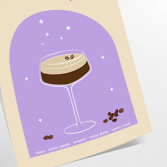 space expressive Espresso Martini poster vibrant blue purple hues stunning piece wall art print thoughtful gift cocktail lovers unique artwork sizes A4 cm A0