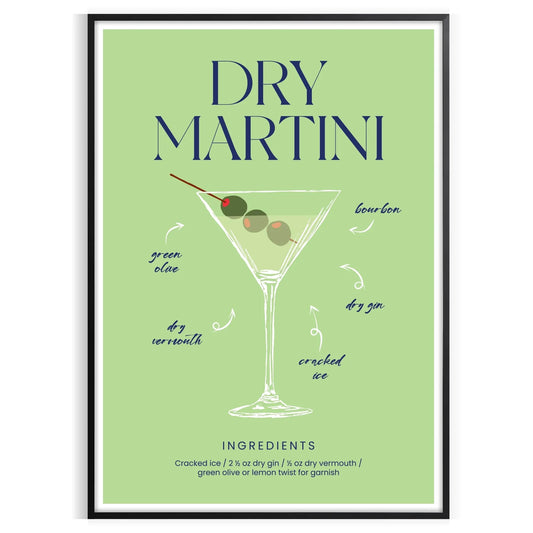 space stylish dry martini cocktail poster vibrant green blue hues wall art unique gift print splash elegance room lovers home décor enthusiasts sizes A4 A0
