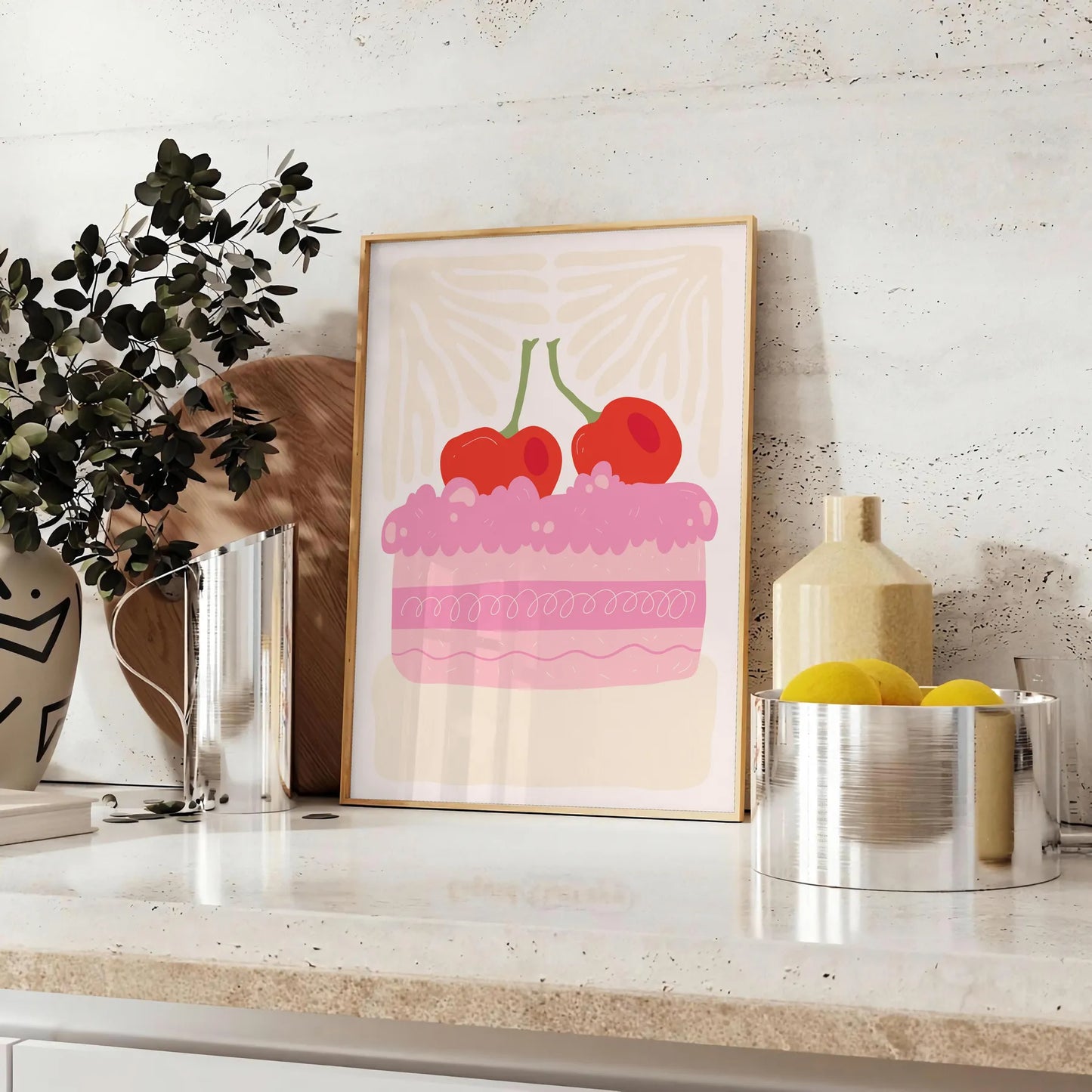 splash color kitchen delightful Cake Cherry poster vibrant green orange hues charming wall art perfect unique gift fresh addition decor standalone print space today
