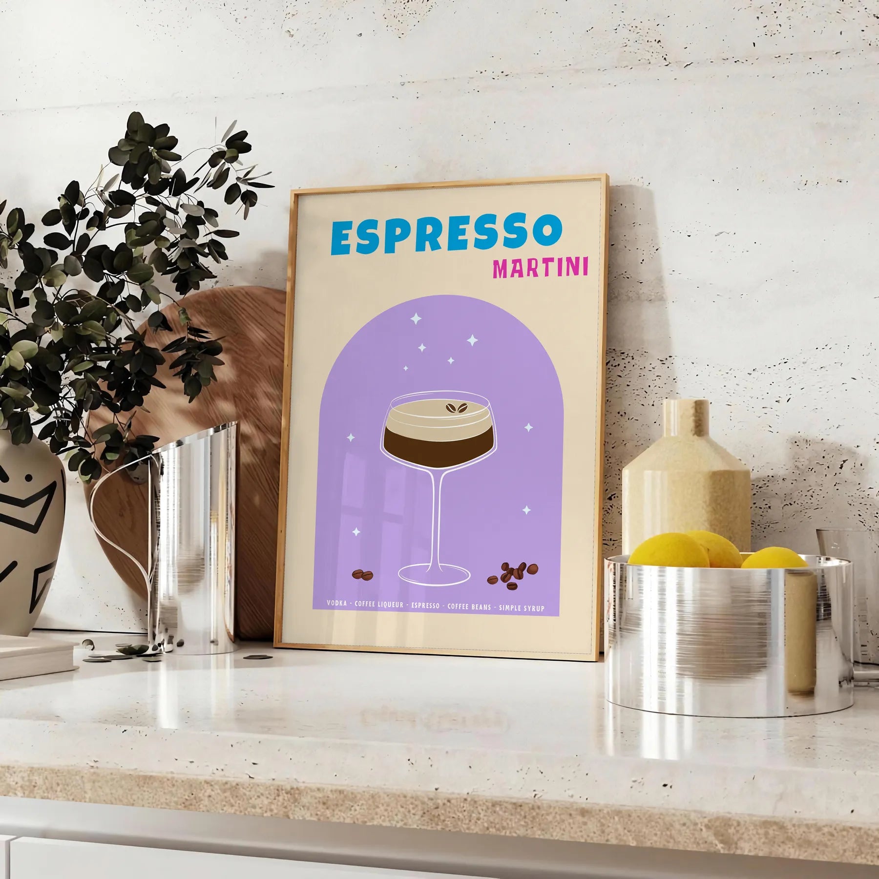 space expressive Espresso Martini poster vibrant blue purple hues stunning piece wall art print thoughtful gift cocktail lovers unique artwork sizes A4 cm A0