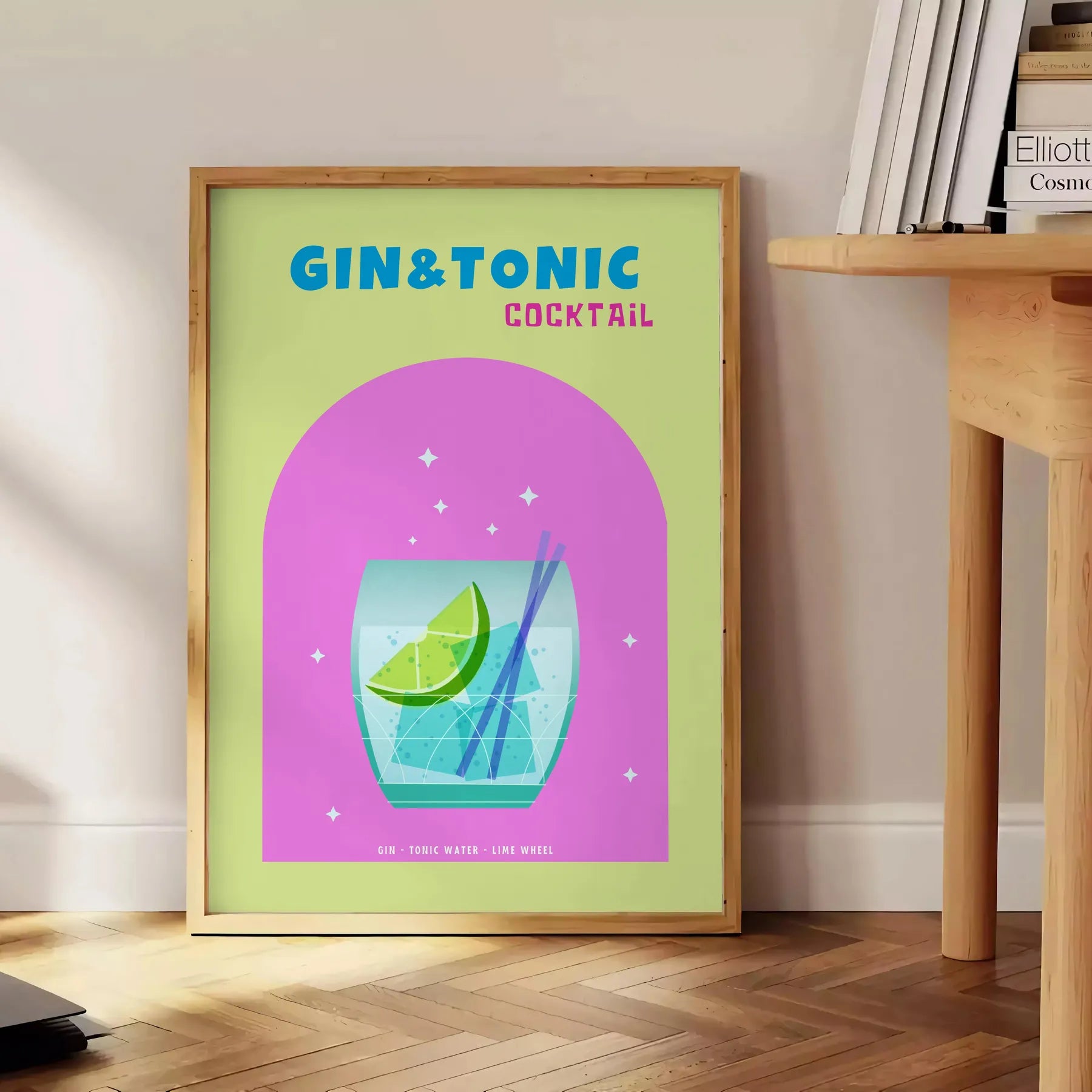 space vibrant gin tonic cocktail poster refreshing blend green blue hues wall art kitchen bar area eye print ideal gift various sizes A4 cm A0