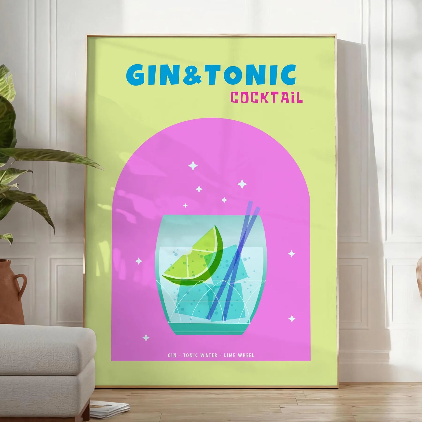 space vibrant gin tonic cocktail poster refreshing blend green blue hues wall art kitchen bar area eye print ideal gift various sizes A4 cm A0