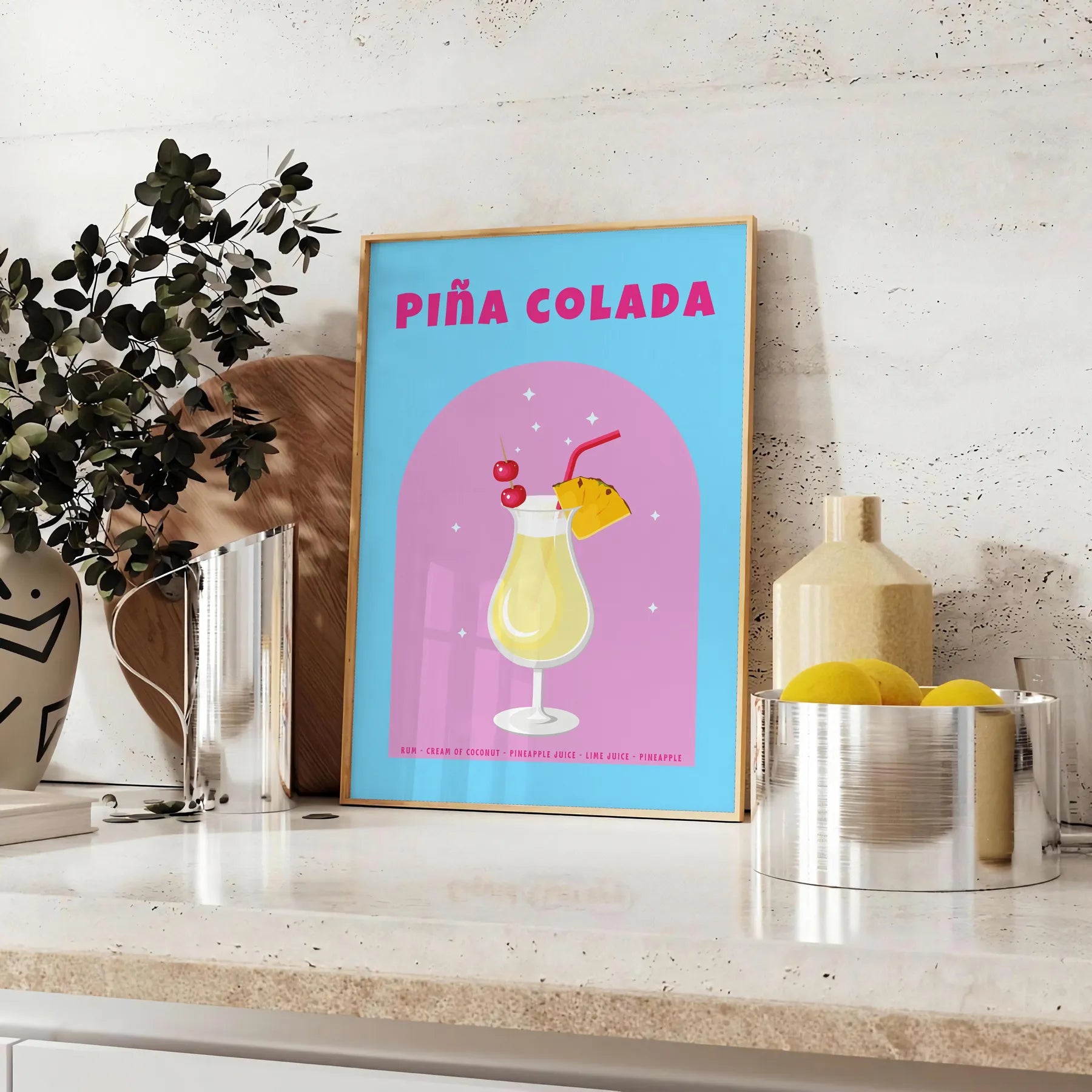space captivating Piña Colada poster vibrant brown orange hues stunning wall art ideal gift cocktail enthusiasts lovers tropical vibe decor setting