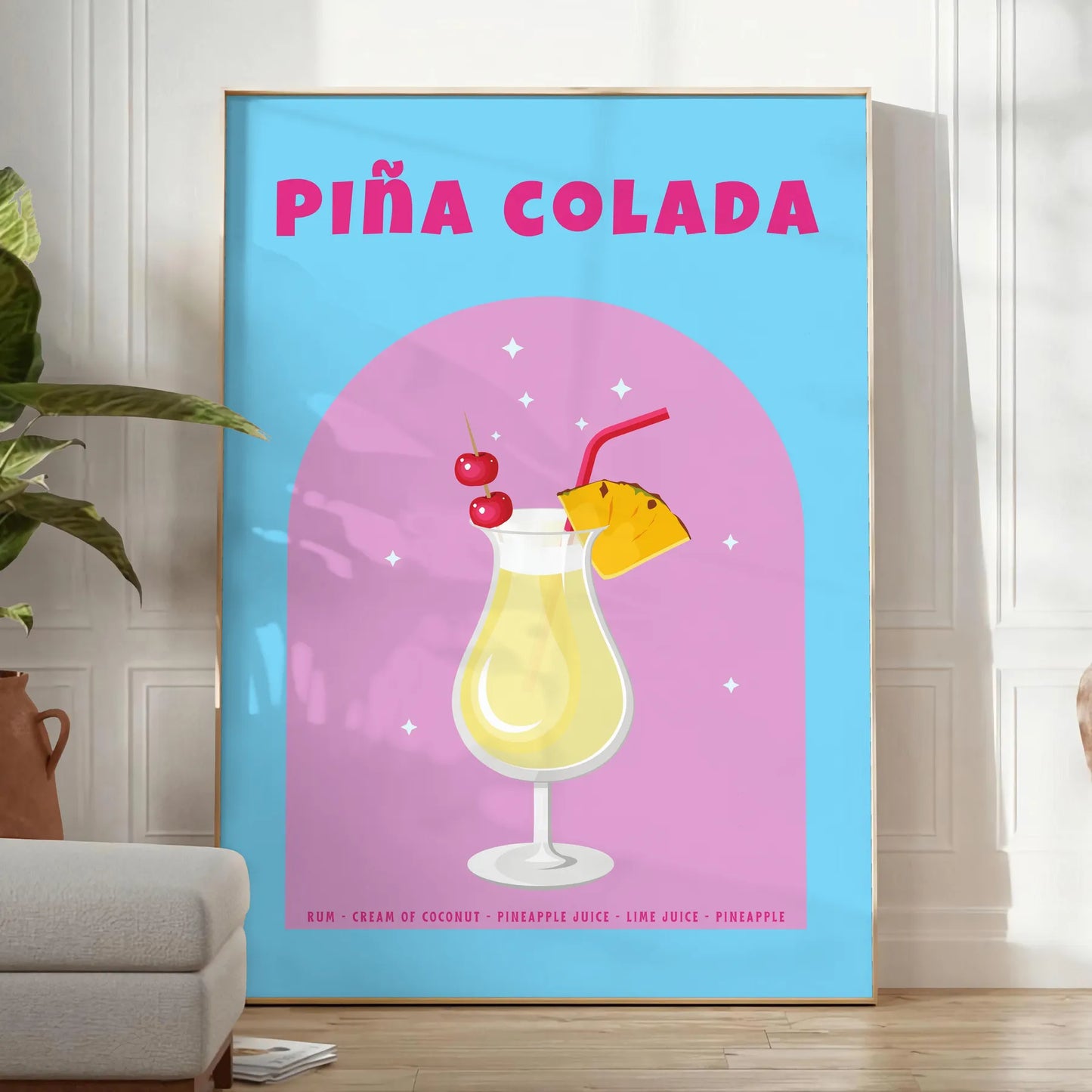 space captivating Piña Colada poster vibrant brown orange hues stunning wall art ideal gift cocktail enthusiasts lovers tropical vibe decor setting
