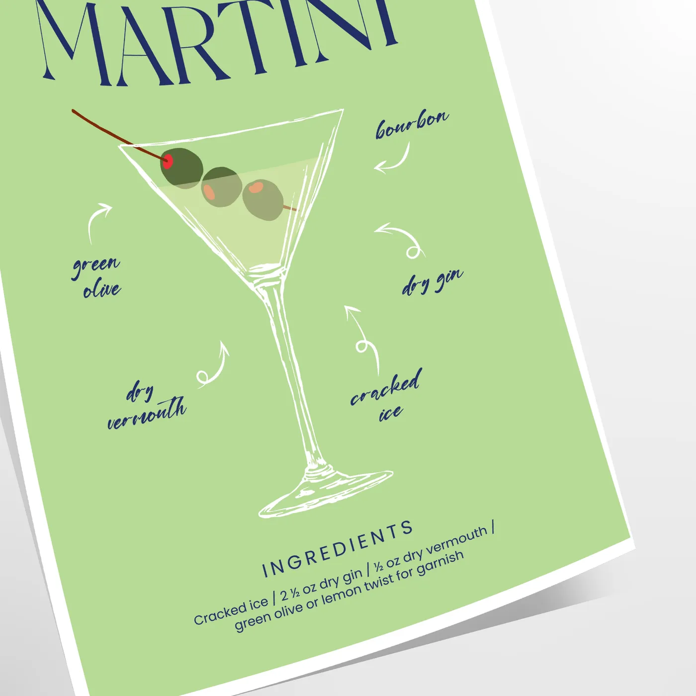 space stylish dry martini cocktail poster vibrant green blue hues wall art unique gift print splash elegance room lovers home décor enthusiasts sizes A4 A0